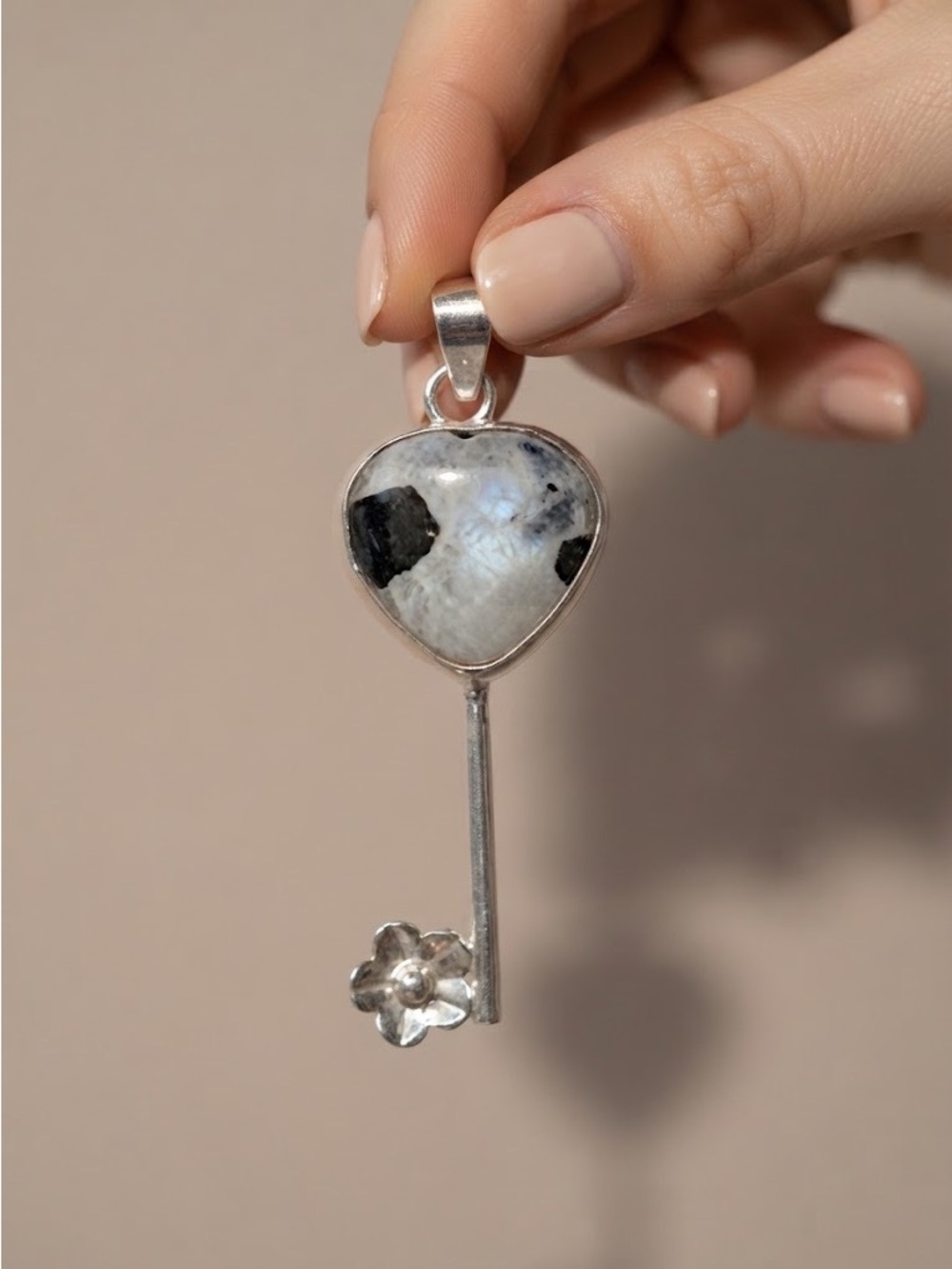 Silver 925 Key Pendant Necklace with Rainbow moon Stone -